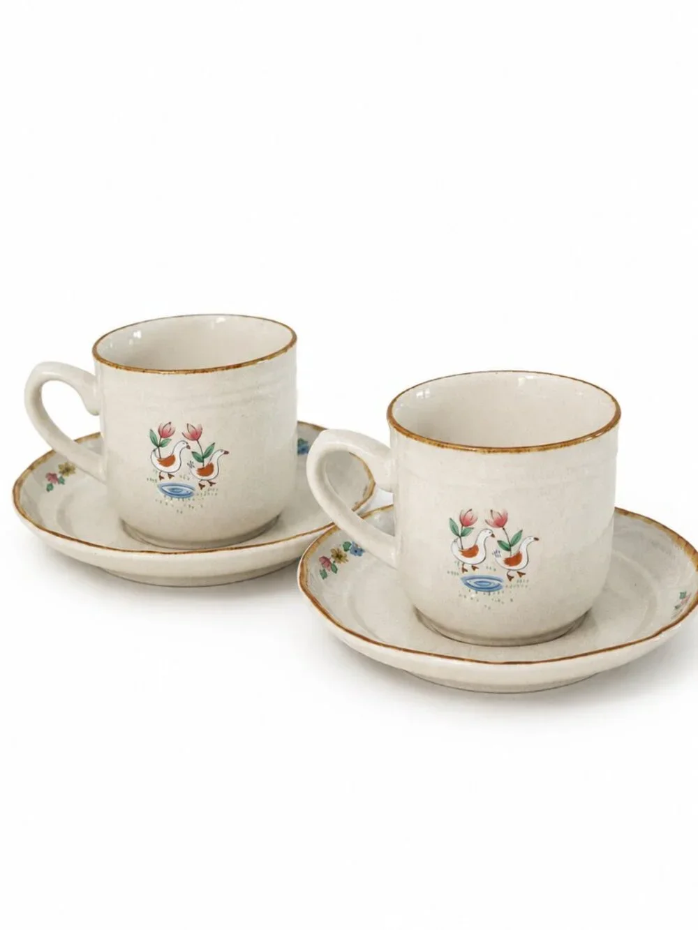 International Tableworks Japan Stoneware Village Cottage Cups & Saucers Set of 2